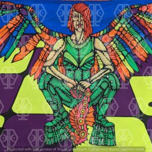 uv reactive paining of rainbow winged warrior woman on chess board background