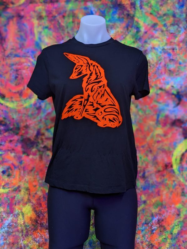 uv reactive orange, cyberdelic stylised fox design on black tee