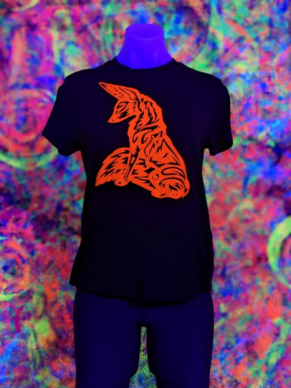 uv reactive orange, cyberdelic stylised fox design on black tee