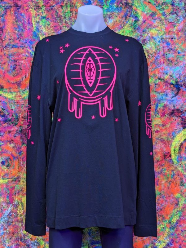 black long sleeve tee with uv reactive pink design featuring waffle vagina