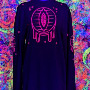 black long sleeve tee with uv reactive pink design featuring waffle vagina under blacklight