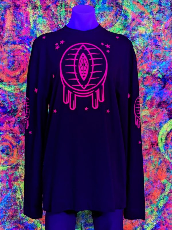 black long sleeve tee with uv reactive pink design featuring waffle vagina under blacklight