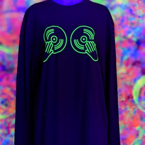 black long sleeve tee with uv reactive yellow design of two vinyl records over chest under blacklight